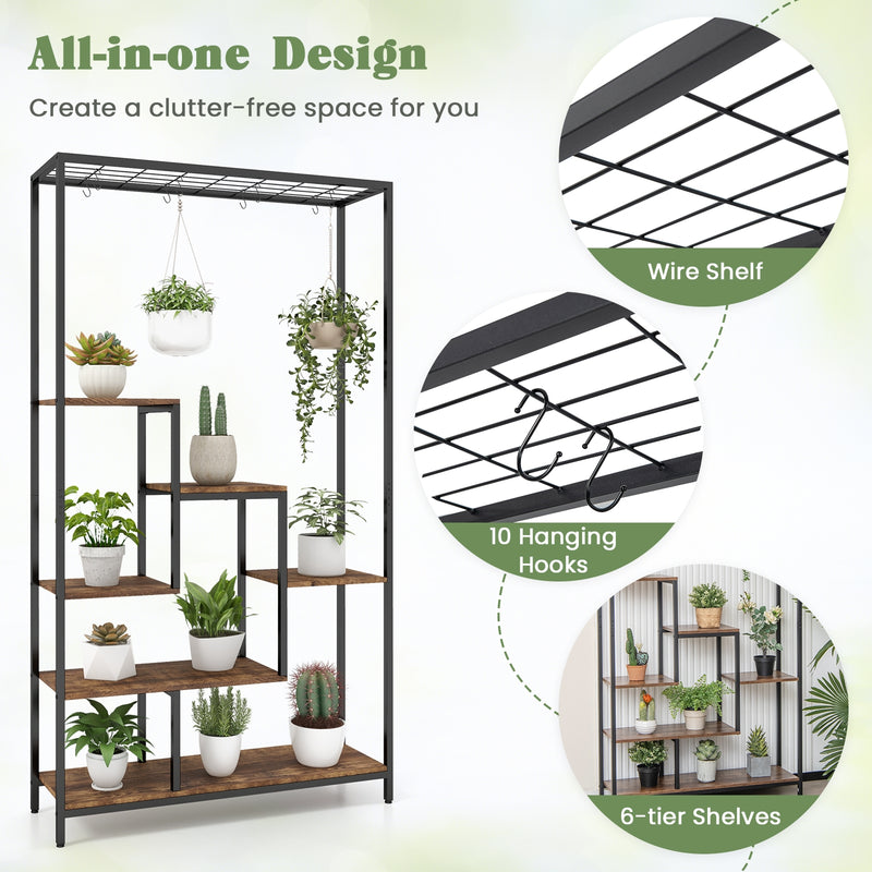 6-Tier Tall Plant Stand 71 Inch Metal Indoor Plant Shelf with 10 Hanging Hooks-Rustic Brown