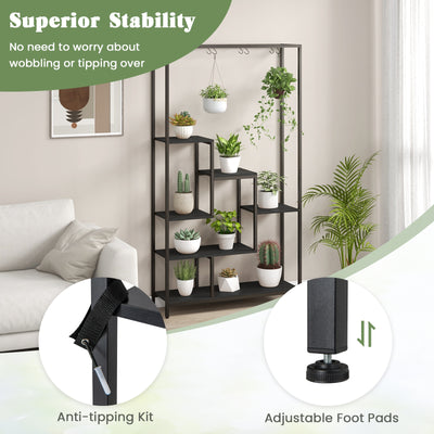 6-Tier Tall Plant Stand 71 Inch Metal Indoor Plant Shelf with 10 Hanging Hooks-Black