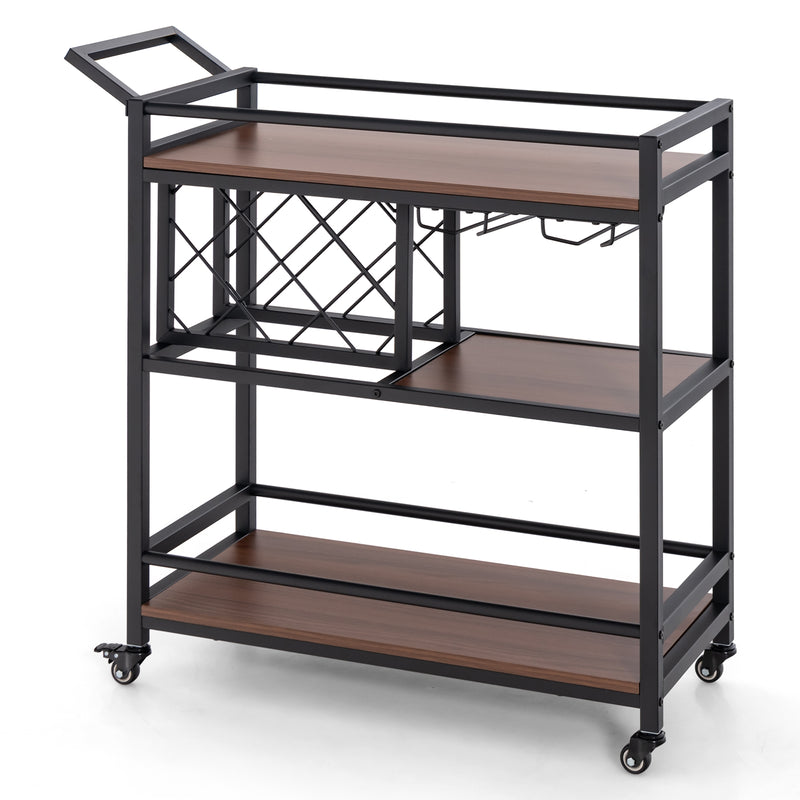 3-tier Bar Cart on Wheels Home Kitchen Serving Cart with Wine Rack and Glasses Holder-Brown