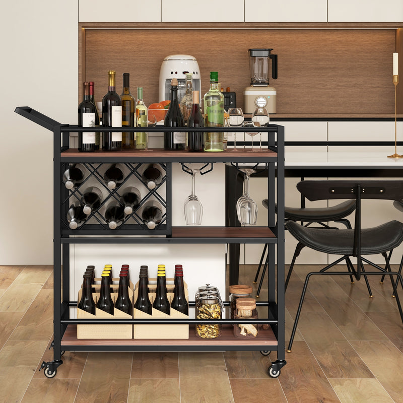 3-tier Bar Cart on Wheels Home Kitchen Serving Cart with Wine Rack and Glasses Holder-Brown