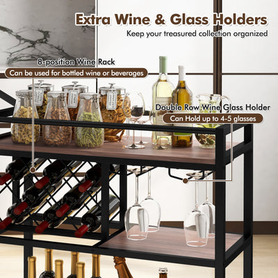 3-tier Bar Cart on Wheels Home Kitchen Serving Cart with Wine Rack and Glasses Holder-Brown