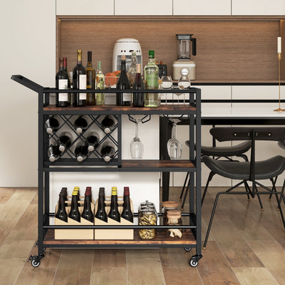 3-tier Bar Cart on Wheels Home Kitchen Serving Cart with Wine Rack and Glasses Holder-Rustic Brown