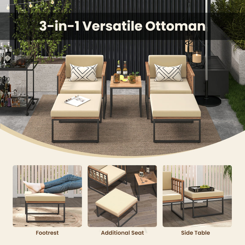 5 Piece Outdoor Furniture Set Acacia Wood Chair Set with Ottomans and Coffee Table-Beige