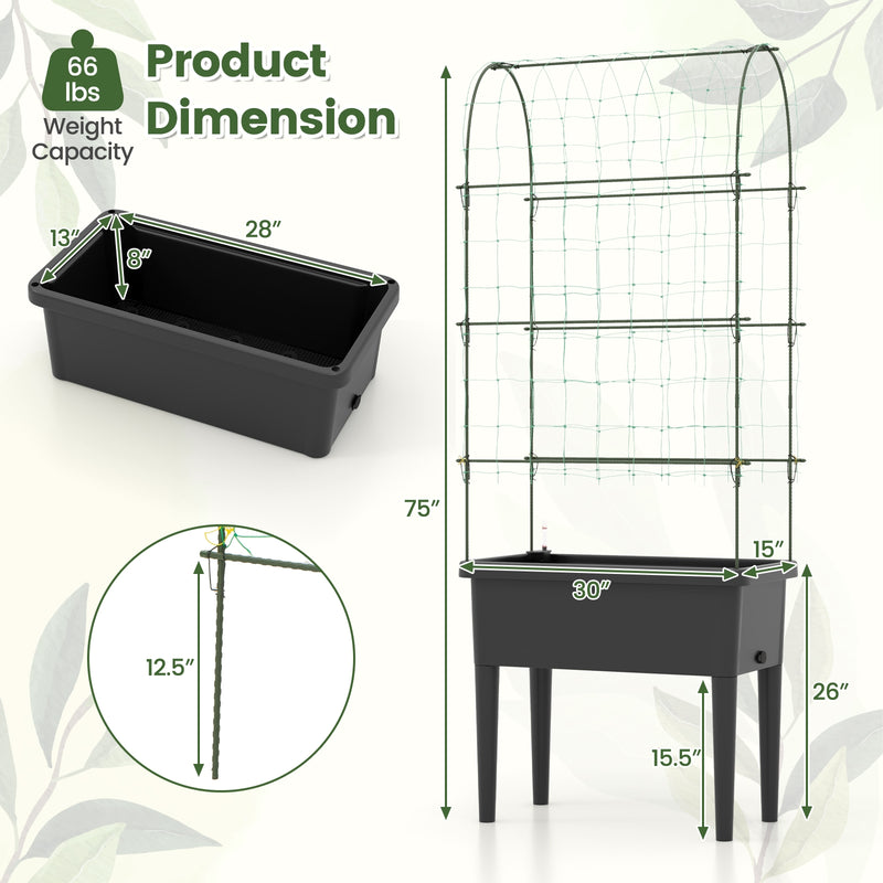 Self-watering Raised Garden Bed Elevated Planter with Climbing Trellis-Black