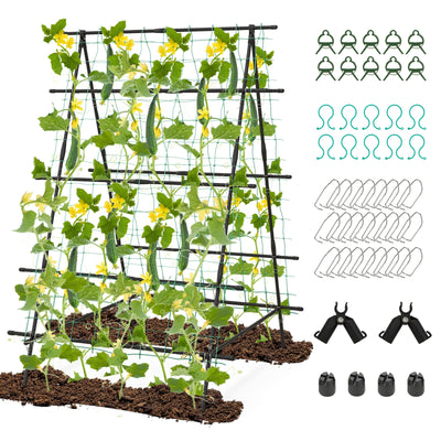 A-Frame Garden Cucumber Trellis with Netting for Climbing Plants Outdoor-Black