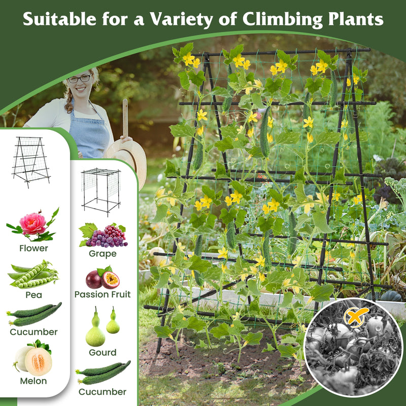 A-Frame Garden Cucumber Trellis with Netting for Climbing Plants Outdoor-Black