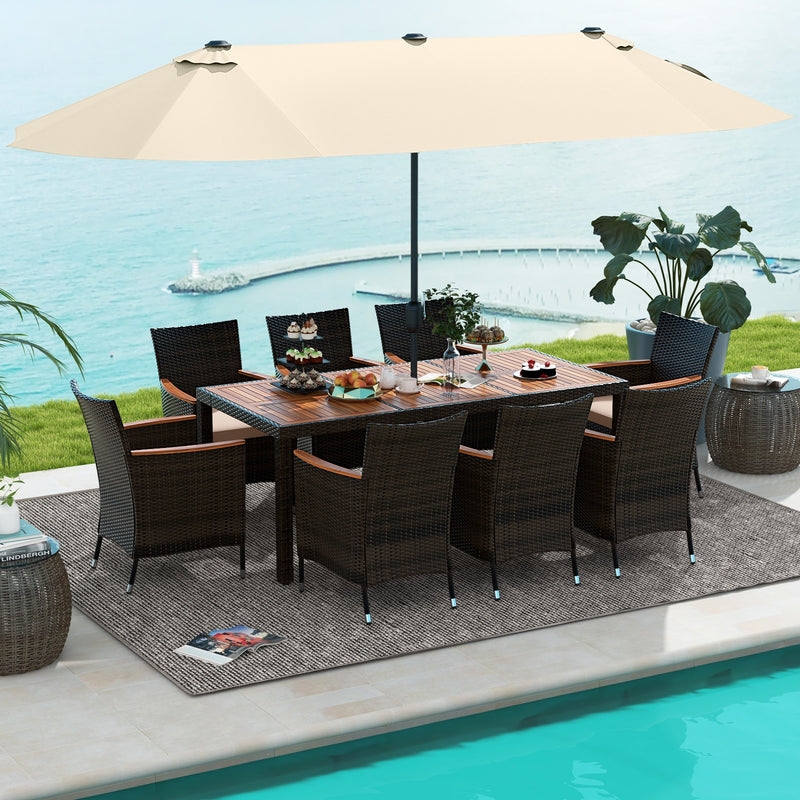 9 Piece Outdoor Dining Set with 15 Feet Double-Sided Twin Patio Umbrella-Beige