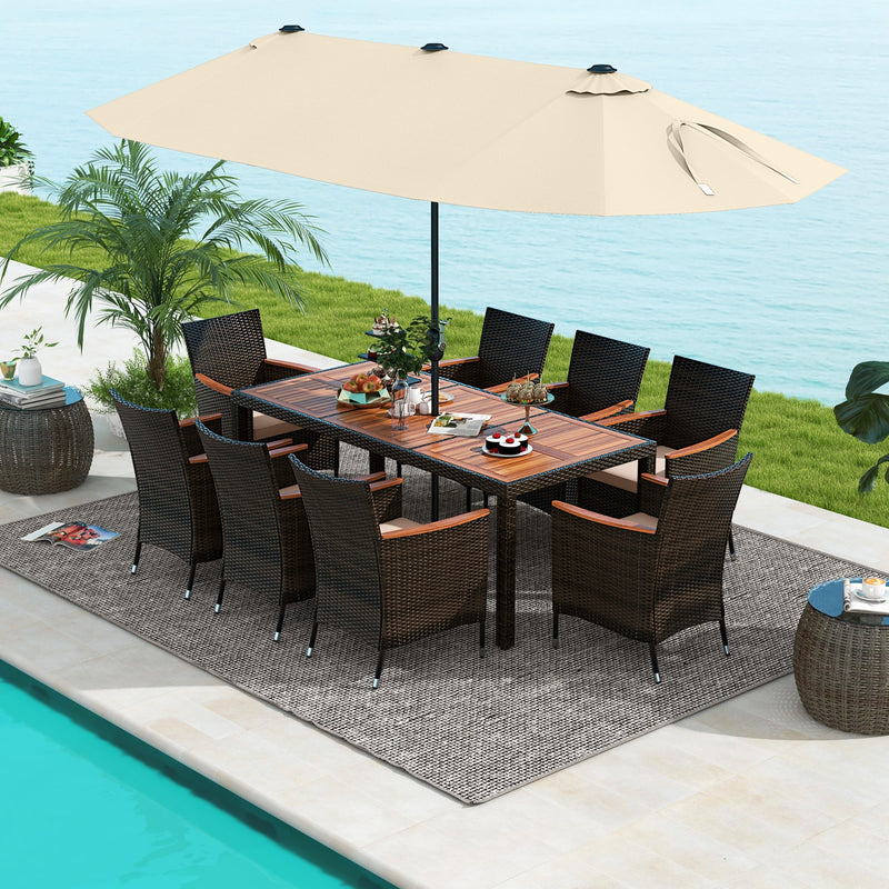 9 Piece Outdoor Dining Set with 15 Feet Double-Sided Twin Patio Umbrella-Beige