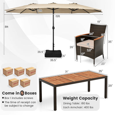 9 Piece Outdoor Dining Set with 15 Feet Double-Sided Twin Patio Umbrella-Beige