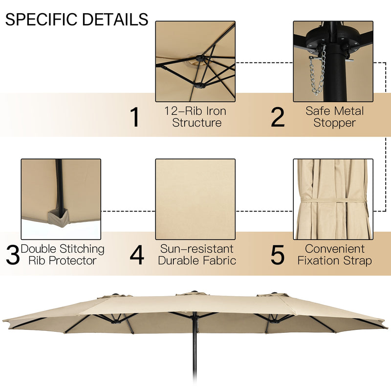 9 Piece Outdoor Dining Set with 15 Feet Double-Sided Twin Patio Umbrella-Beige