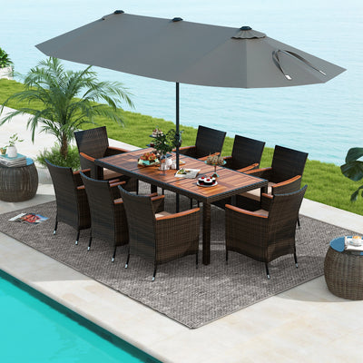 9 Piece Outdoor Dining Set with 15 Feet Double-Sided Twin Patio Umbrella-Gray