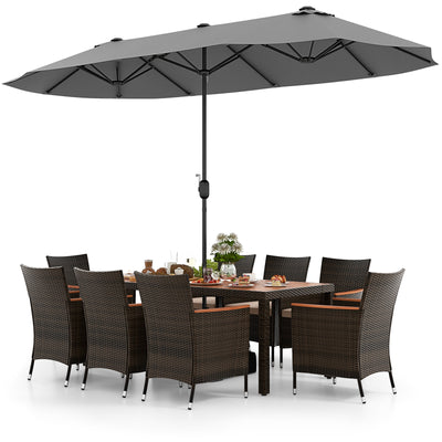 9 Piece Outdoor Dining Set with 15 Feet Double-Sided Twin Patio Umbrella-Gray