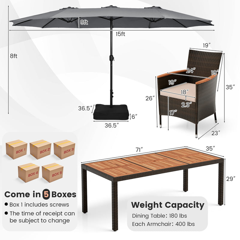 9 Piece Outdoor Dining Set with 15 Feet Double-Sided Twin Patio Umbrella-Gray