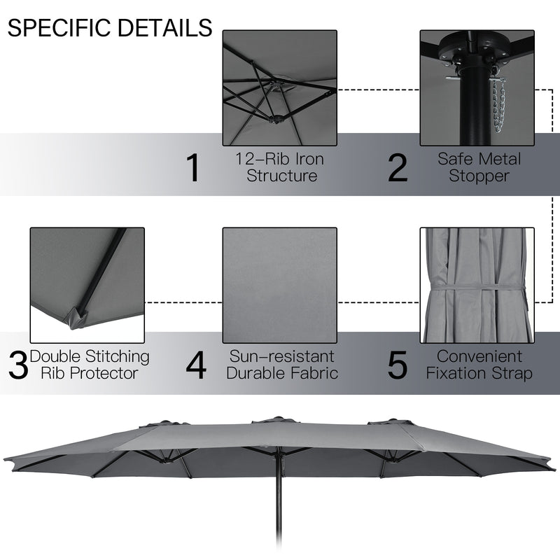 9 Piece Outdoor Dining Set with 15 Feet Double-Sided Twin Patio Umbrella-Gray