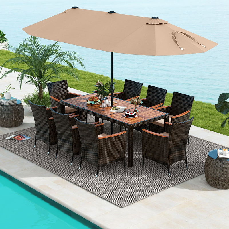 9 Piece Outdoor Dining Set with 15 Feet Double-Sided Twin Patio Umbrella-Brown