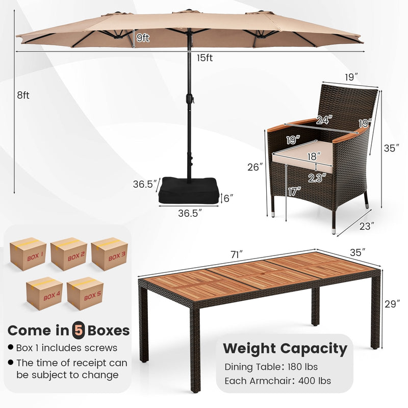 9 Piece Outdoor Dining Set with 15 Feet Double-Sided Twin Patio Umbrella-Brown