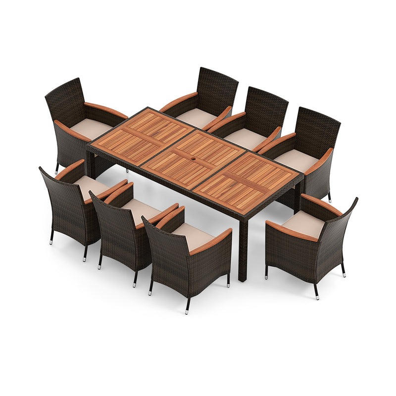 9 Piece Outdoor Dining Set with 15 Feet Double-Sided Twin Patio Umbrella-Brown