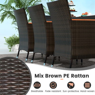 9 Piece Outdoor Dining Set with 15 Feet Double-Sided Twin Patio Umbrella-Brown