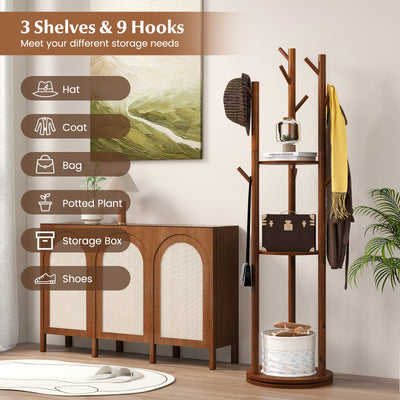 Freestanding Wooden Coat Tree with 3 Display Storage Shelves and 9 Hooks