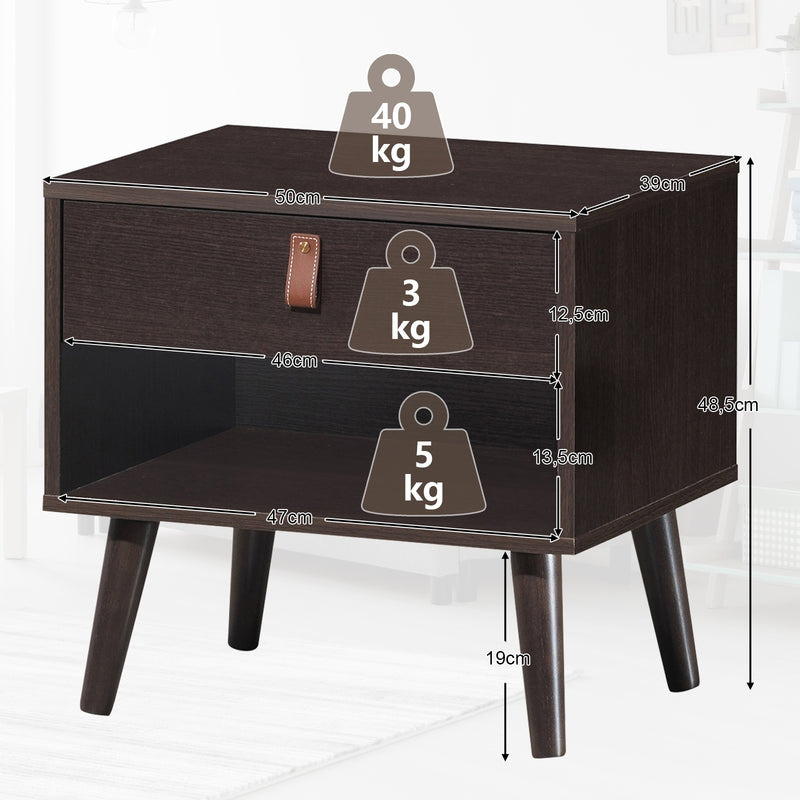 Nightstand Bedroom Table with Drawer Storage Shelf-Brown