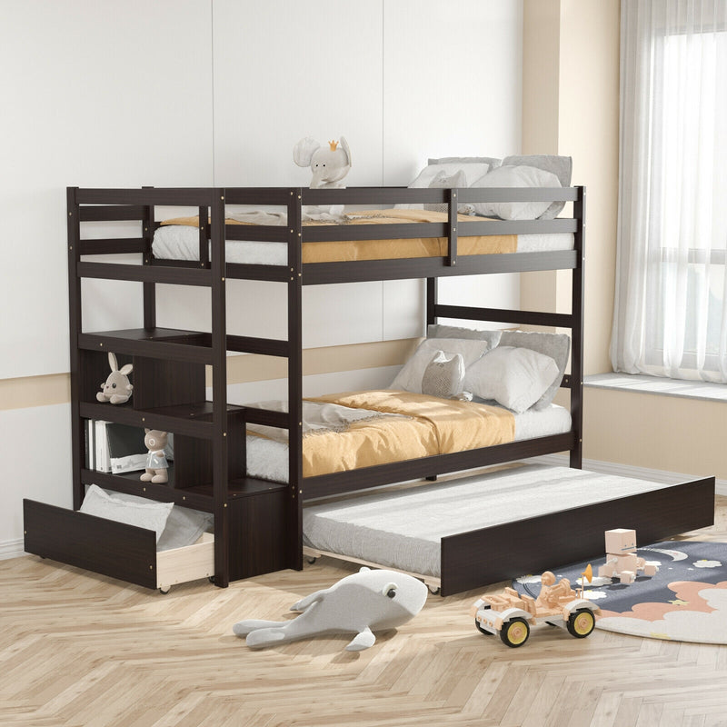 Twin Over Twin Bunk Bed with Storage Shelf and Drawer-Espresso