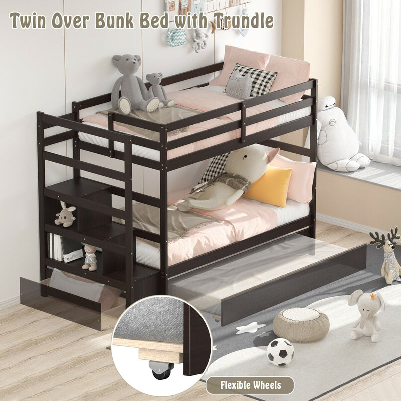 Twin Over Twin Bunk Bed with Storage Shelf and Drawer-Espresso