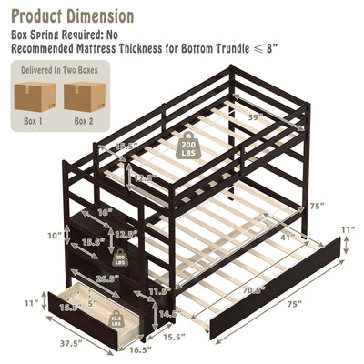 Twin Over Twin Bunk Bed with Storage Shelf and Drawer-Espresso