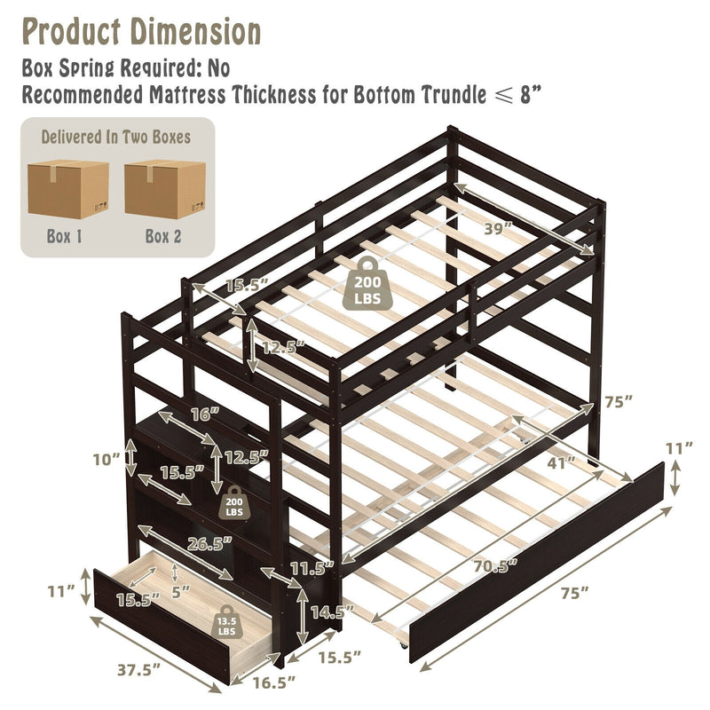 Twin Over Twin Bunk Bed with Storage Shelf and Drawer-Espresso