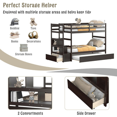 Twin Over Twin Bunk Bed with Storage Shelf and Drawer-Espresso