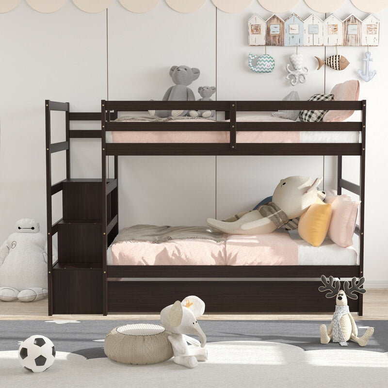 Twin Over Twin Bunk Bed with Storage Shelf and Drawer-Espresso