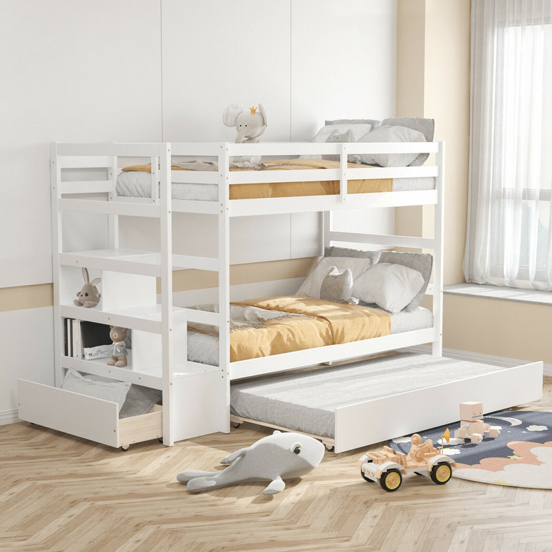 Twin Over Twin Bunk Bed with Storage Shelf and Drawer-White