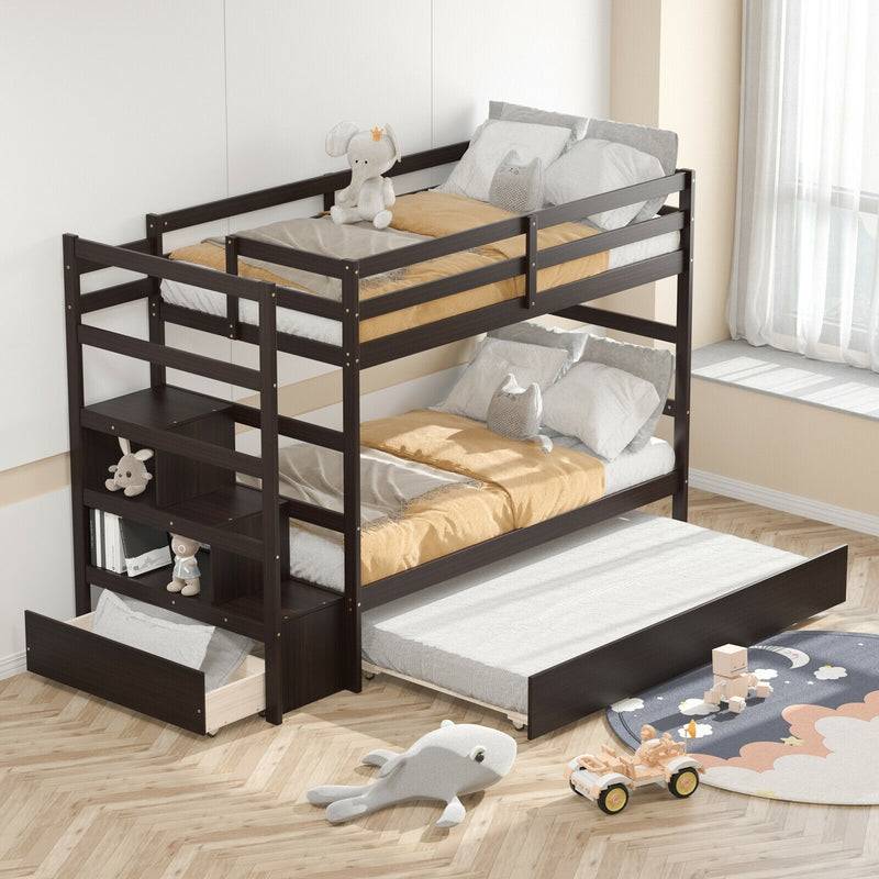 Twin Over Twin Bunk Bed with Storage Shelf and Drawer-Espresso