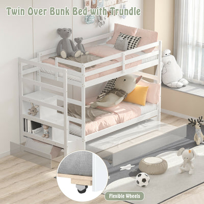 Twin Over Twin Bunk Bed with Storage Shelf and Drawer-White