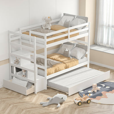 Twin Over Twin Bunk Bed with Storage Shelf and Drawer-White