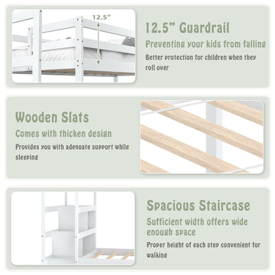 Twin Over Twin Bunk Bed with Storage Shelf and Drawer-White