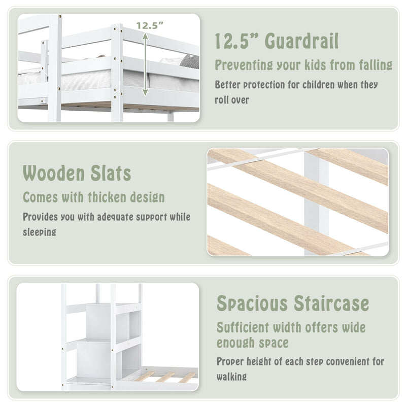 Twin Over Twin Bunk Bed with Storage Shelf and Drawer-White