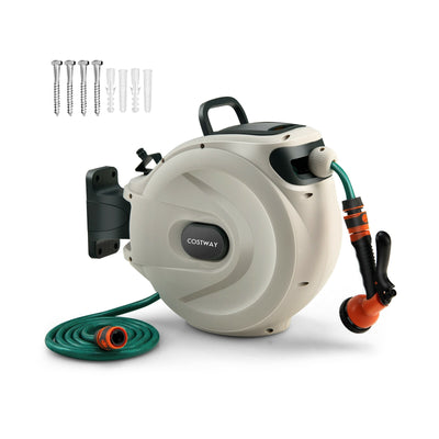 Wall Mounted Retractable Garden Hose Reel with Hose Nozzle