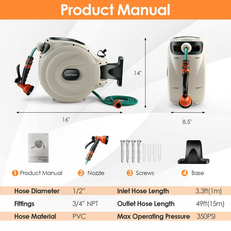 Wall Mounted Retractable Garden Hose Reel with Hose Nozzle