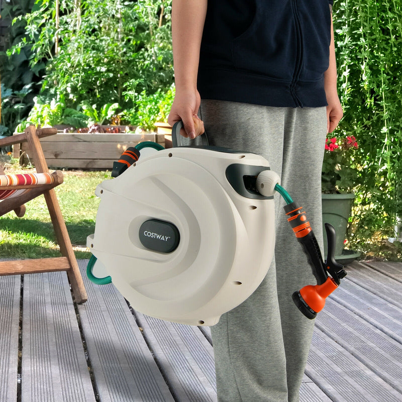 Retractable Wall Mounted Garden Hose Reel with Hose Nozzle