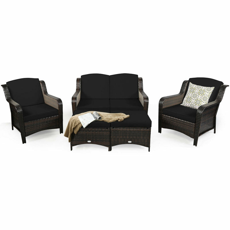 5 Pieces Patio Rattan Sofa Set with Cushion and Ottoman-Black