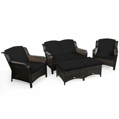 5 Pieces Patio Rattan Sofa Set with Cushion and Ottoman-Black