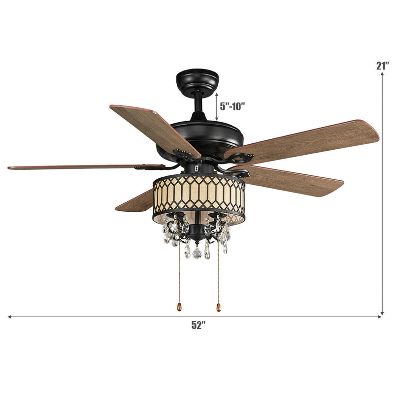 52 Inch Crystal Ceiling Fan Lamp w/ 5 Reversible Blades-Black