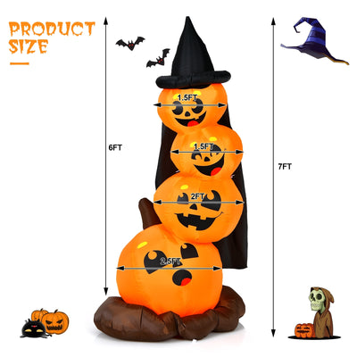 7 Feet Halloween Inflatable Pumpkin Combo with Witch's Hat and LED Lights