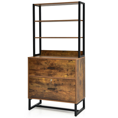 Letter Size Lateral File Cabinet with Lock and Bookshelf-Rustic Brown