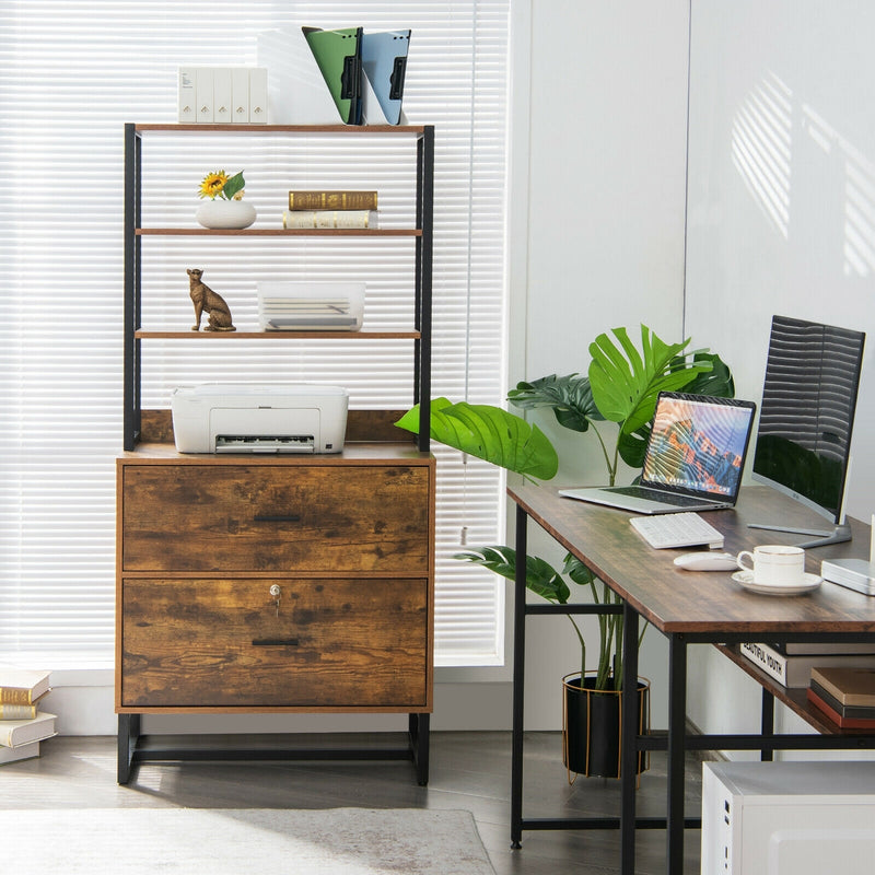 Letter Size Lateral File Cabinet with Lock and Bookshelf-Rustic Brown