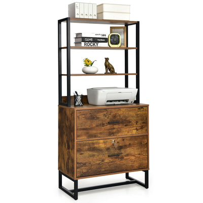 Letter Size Lateral File Cabinet with Lock and Bookshelf-Rustic Brown