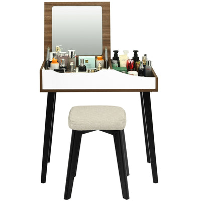 Vanity Table Set with Flip Top Mirror and Padded Stool-Brown