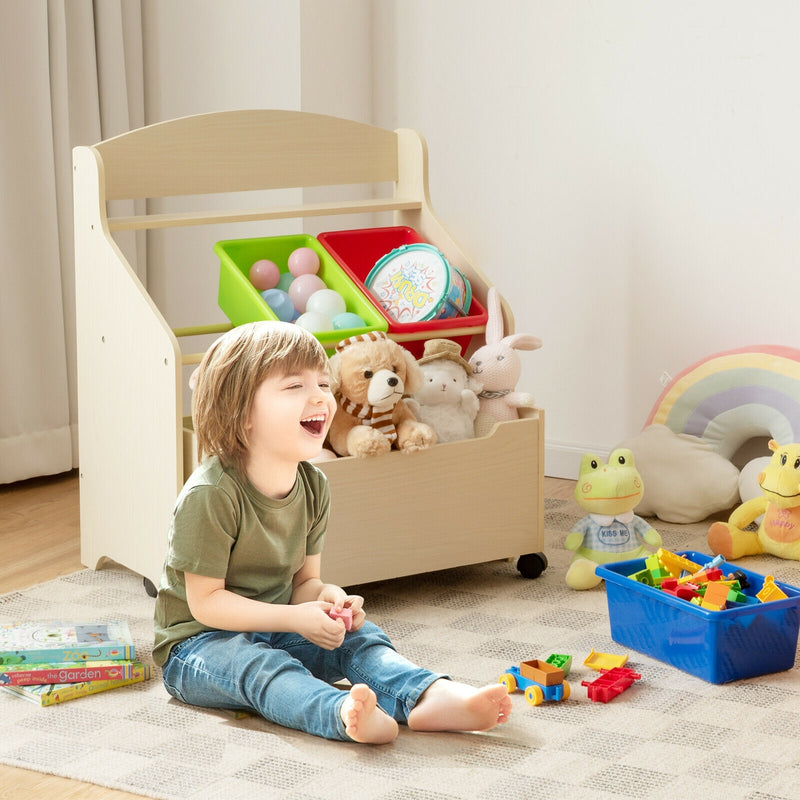 Kids Wooden Toy Storage Unit Organizer with Rolling Toy Box and Plastic Bins-Natural