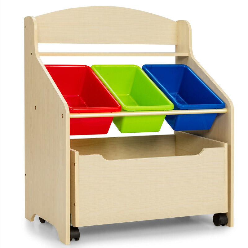 Kids Wooden Toy Storage Unit Organizer with Rolling Toy Box and Plastic Bins-Natural