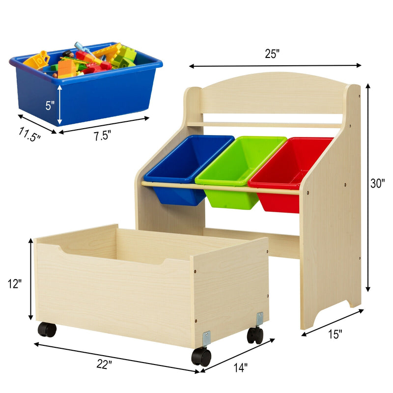 Kids Wooden Toy Storage Unit Organizer with Rolling Toy Box and Plastic Bins-Natural